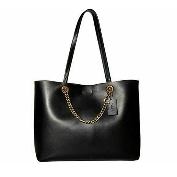 COACH Signature Chain Central Leather Tote Bag in Black - Picture 1 of 12